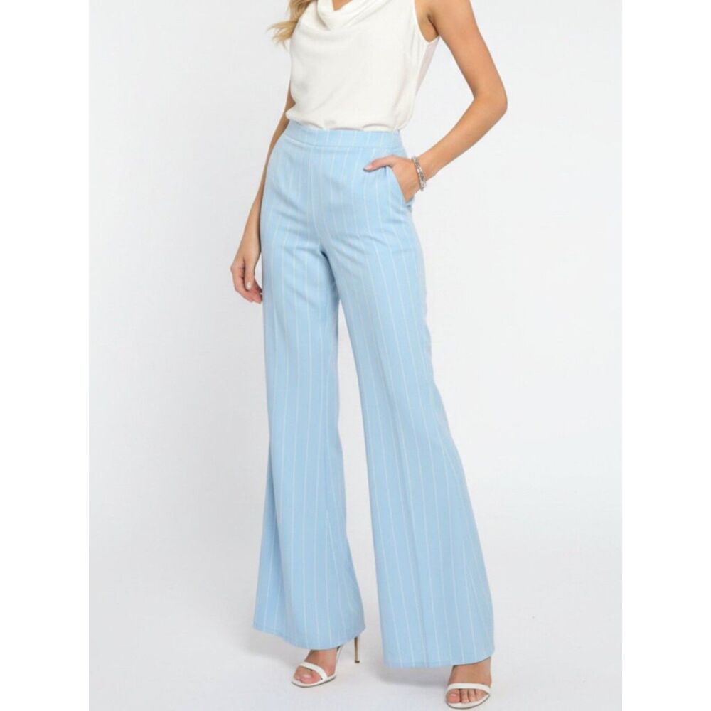 Sage The Label Blue & White Striped Wide Leg Palazzo Pants NEW M